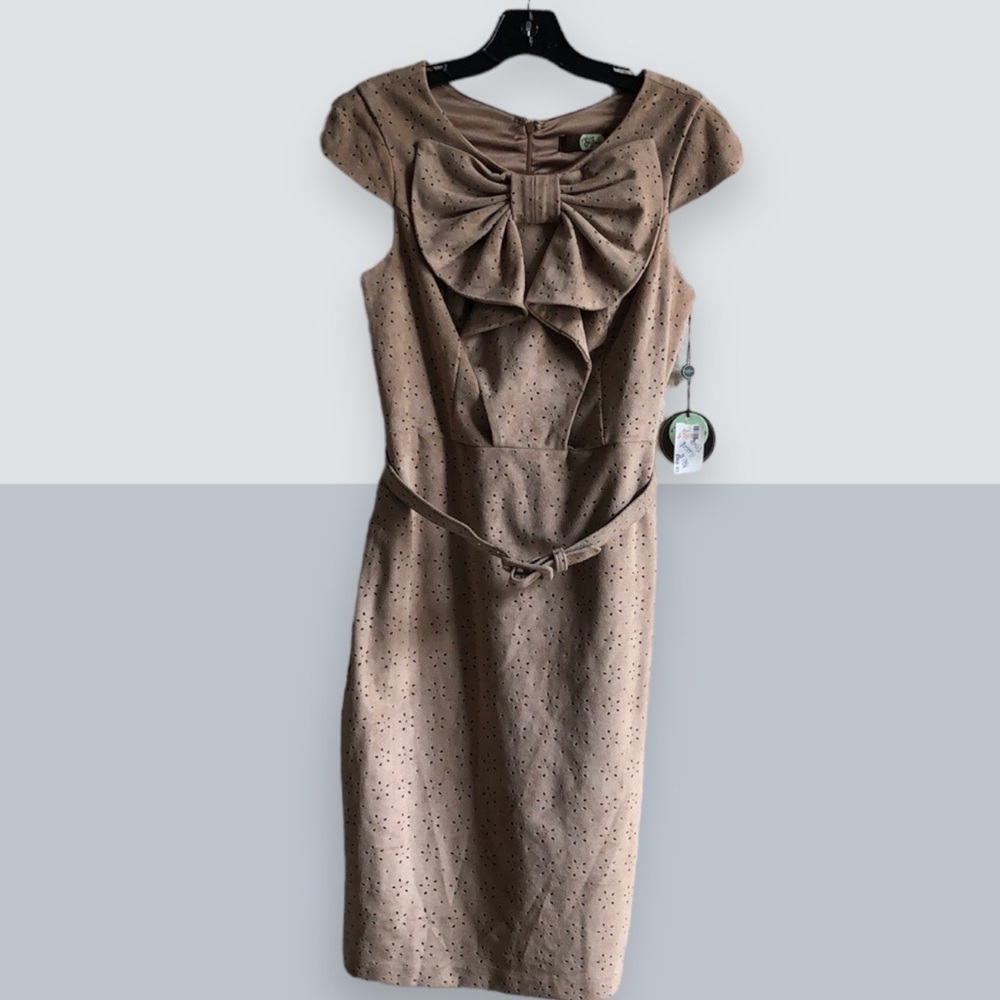 Eva Franco tan vegan suede eyelet midi dress‎ with belt women’s size 8 New
